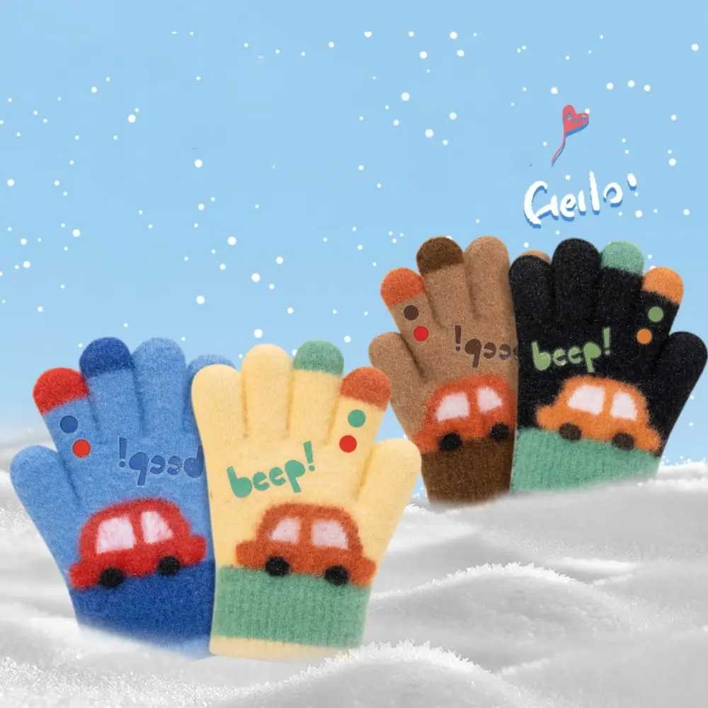 

Cartoon Car 3-6 Years Old Winter Knitted Gloves Elastic Thickend Five-finger Gloves Warm Plush Fashion Gloves Autumn Winter