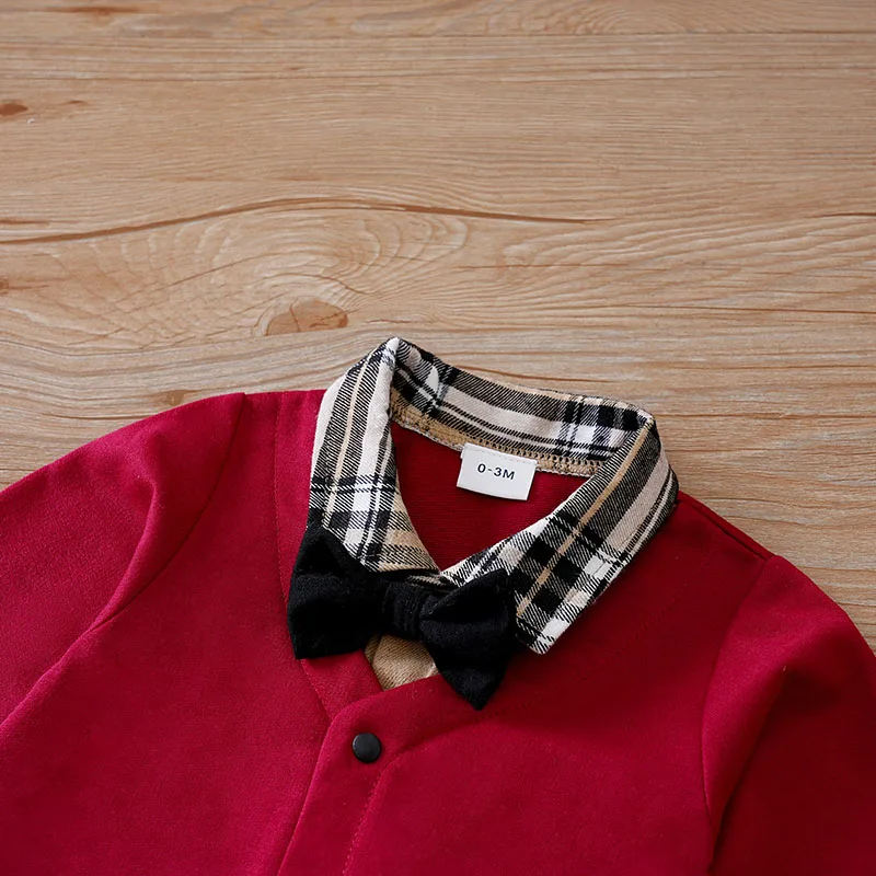 Baby Boys Gentleman red bow tie Clothing Spring and Autumn Children One-Piece  long sleeves Jacket 0-2 years old Rompers