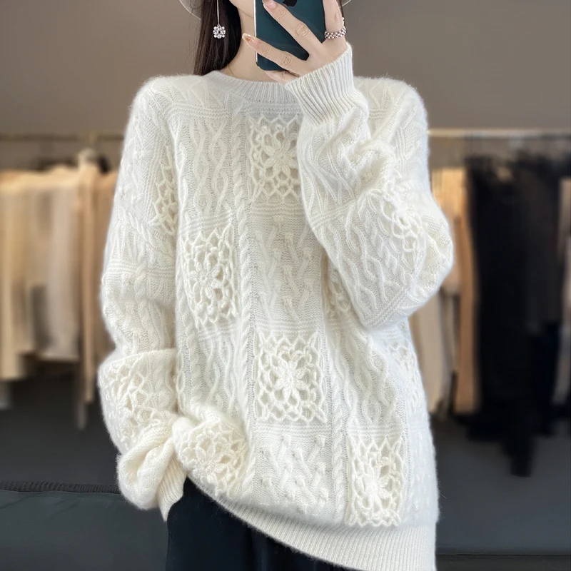 Autumn and Winter Women‘s Sweater O-Neck Long Sleeve Thick&Loose Knitwear Criss-Cross Floral Pullover Tops Female clothing