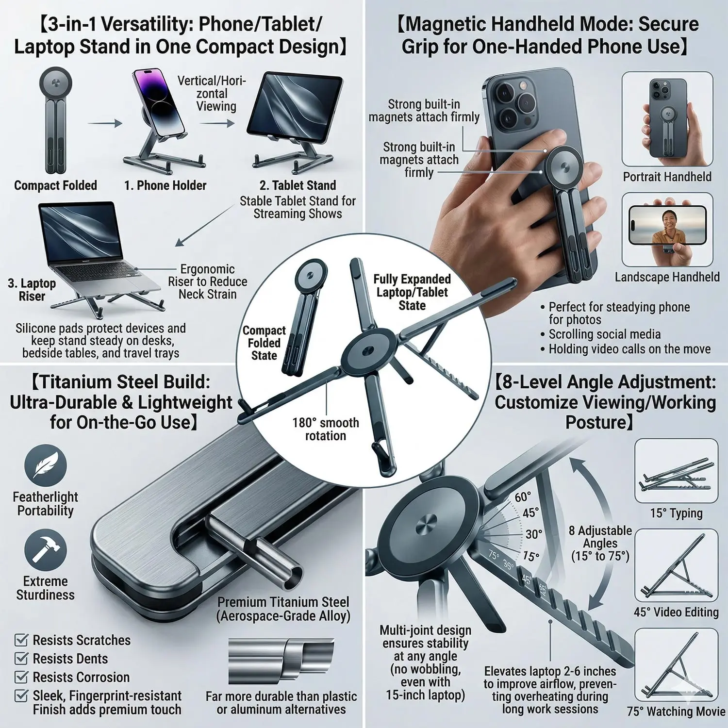 Portable Magnetic Phone Holder & Selfie Stick 3-in-1 Foldable Tripod Stand for iPhone iPad Tablet Desktop Adjustable Stand