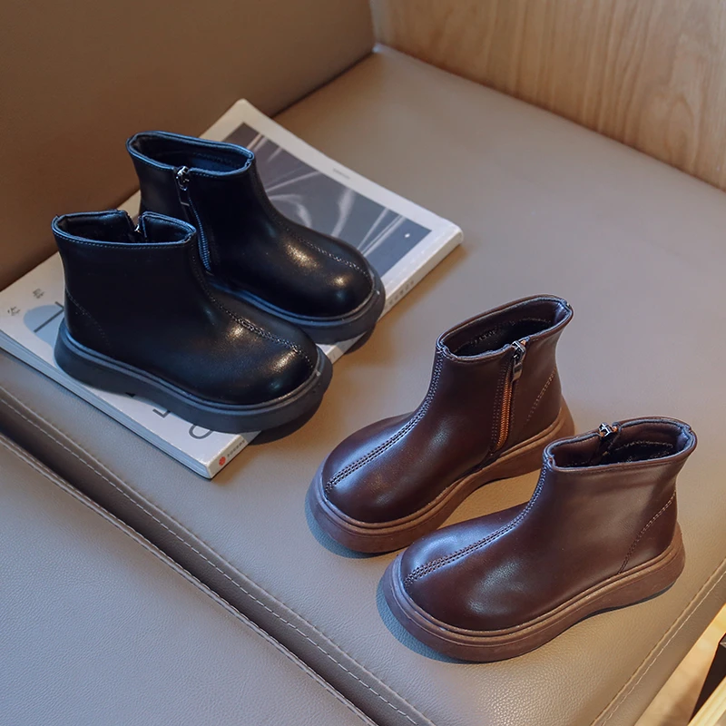 

Классические детские повседневные полусапоги, простые трендовые школьные модные ботильоны для девочек, универсальные черные нескользящие детские ботинки на платформе