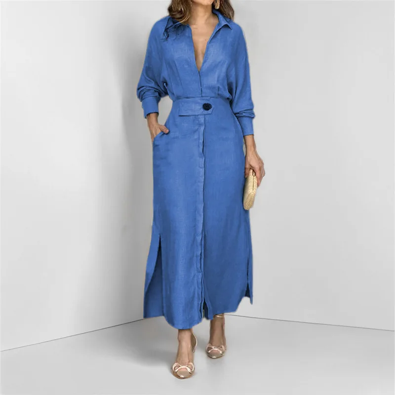 "Zeyla 2024 Euro Style Shirt Dress - V Neck Button Down Belted Waist Dress with Asymmetrical Hem Office Chic Outfit"