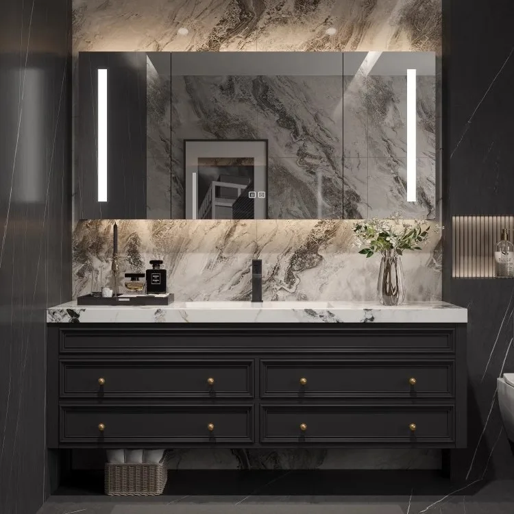 Factory Direct 2026 American retro bathroom cabinet light luxury solid wood wash basin oak bathroom combination rock slab seamle