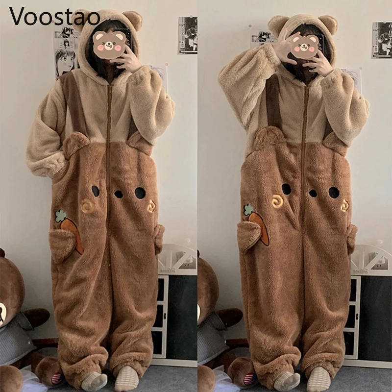 Autumn Winter Women Sweet Carrot Bear Onesies Pajamas Soft Cute Warm Bear Ears Hooded Loungewear Girls Harajuku Loose Pyjamas