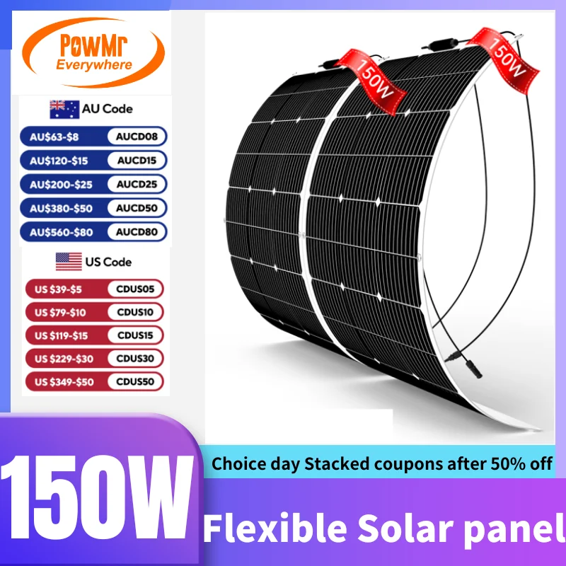 GGJ 150W 100W 12V  Monocrystalline Solar Panel Flexible Waterproof with PV Connector for Camping Equipment RV Boat Home System