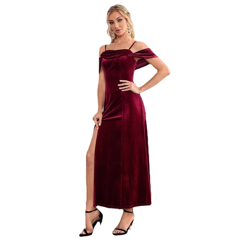 Neues Damen Dinner Split Samt Kleid mit einem Schulter Hosenträger Temperament vielseitiges Kleid