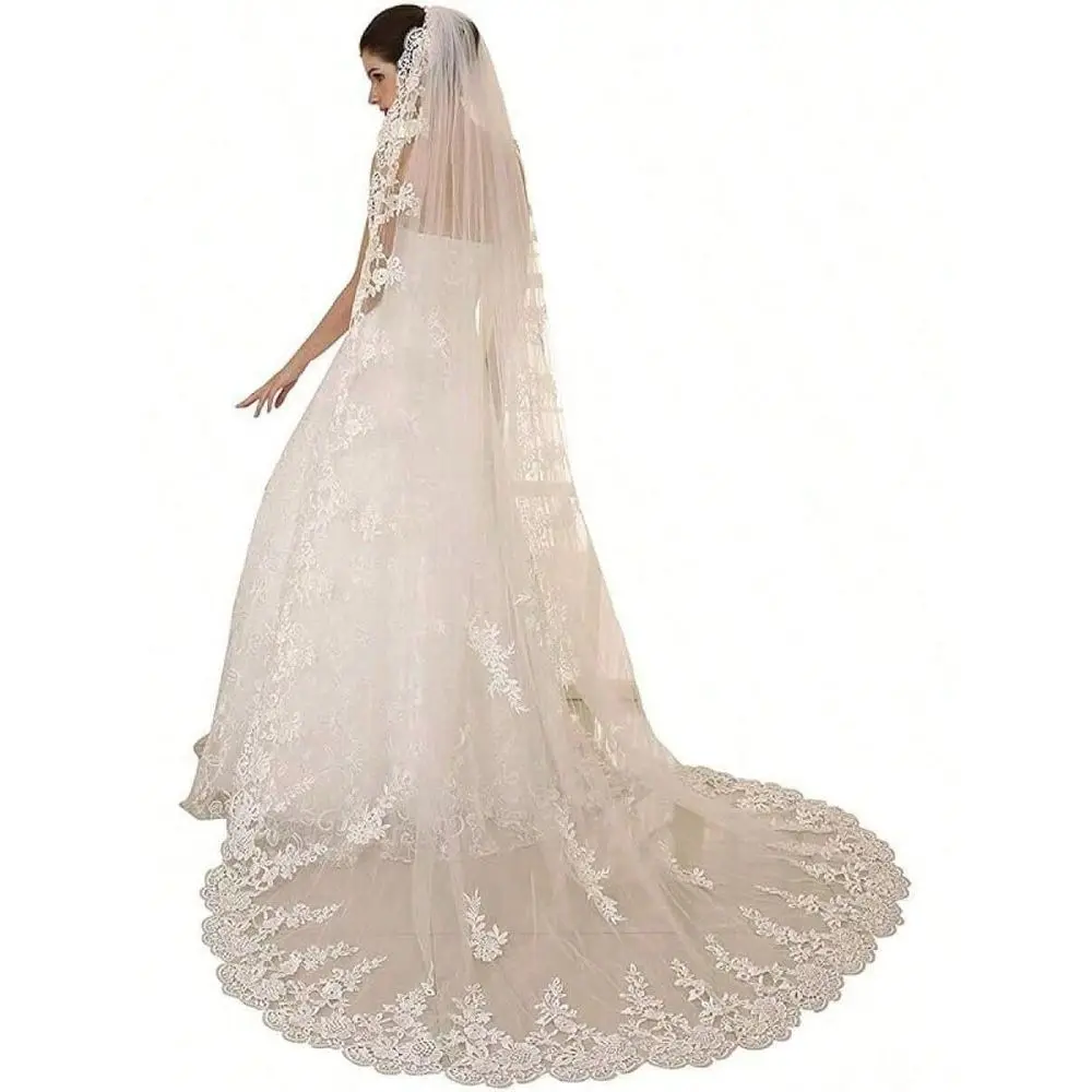 

Lace Wedding 4M 5M, 1 Tier White Ivory Bridal With Comb, Elegant Train Bride