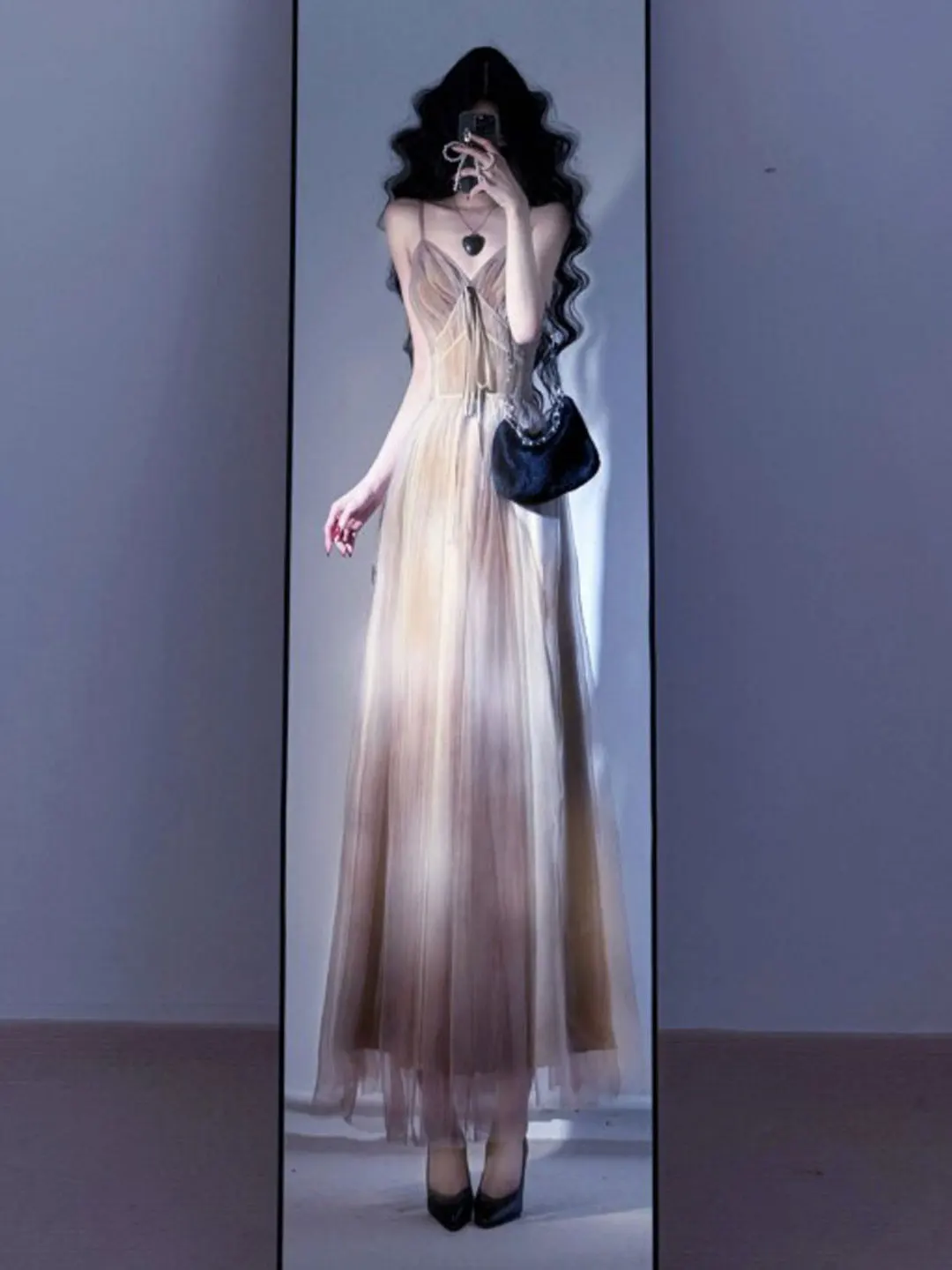 

Retro Slimming V-Neck Waist Cinched Tea Break Strap Long Dress Beachwear Summer Cotton Blend Midi Dress for Women