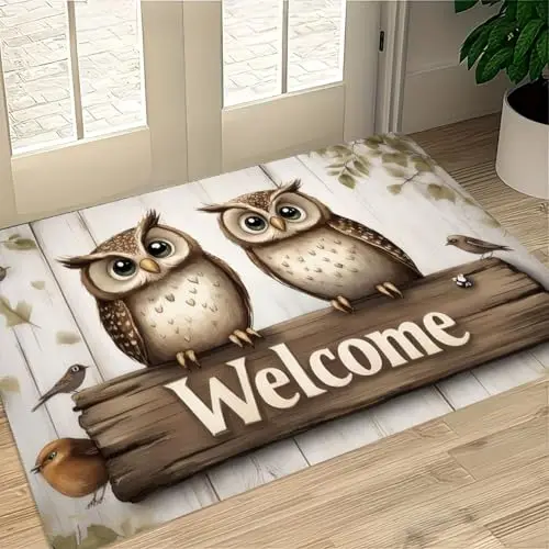 Entrance Welcome Mat Twin Big Eyed Mascot Silhouette Rustic Log Plank Printed Bold Typography White Woodgrain Backdrop for Floor