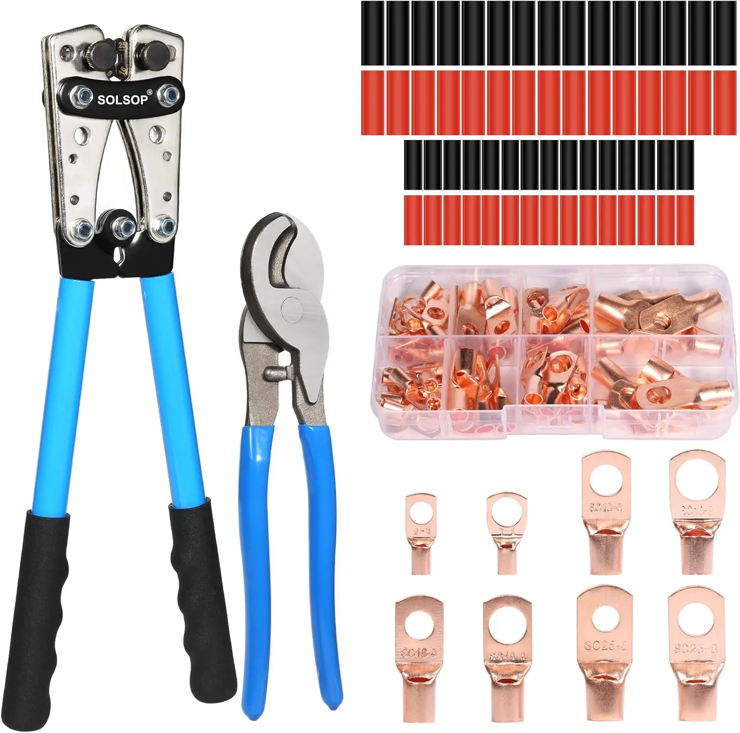

Battery Cable Crimper Tool for AWG 10-1/0, Electrical Lug Crimping Tool with 60PCS Copper Lugs and Heat Shrink Tubing, Cable