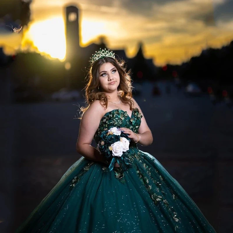 ANGELSBRIDEP vestido De quinceañera verde esmeralda, vestido De baile hecho a mano con cuentas, 3D Flores, dulce 16, corsé De 15 Años