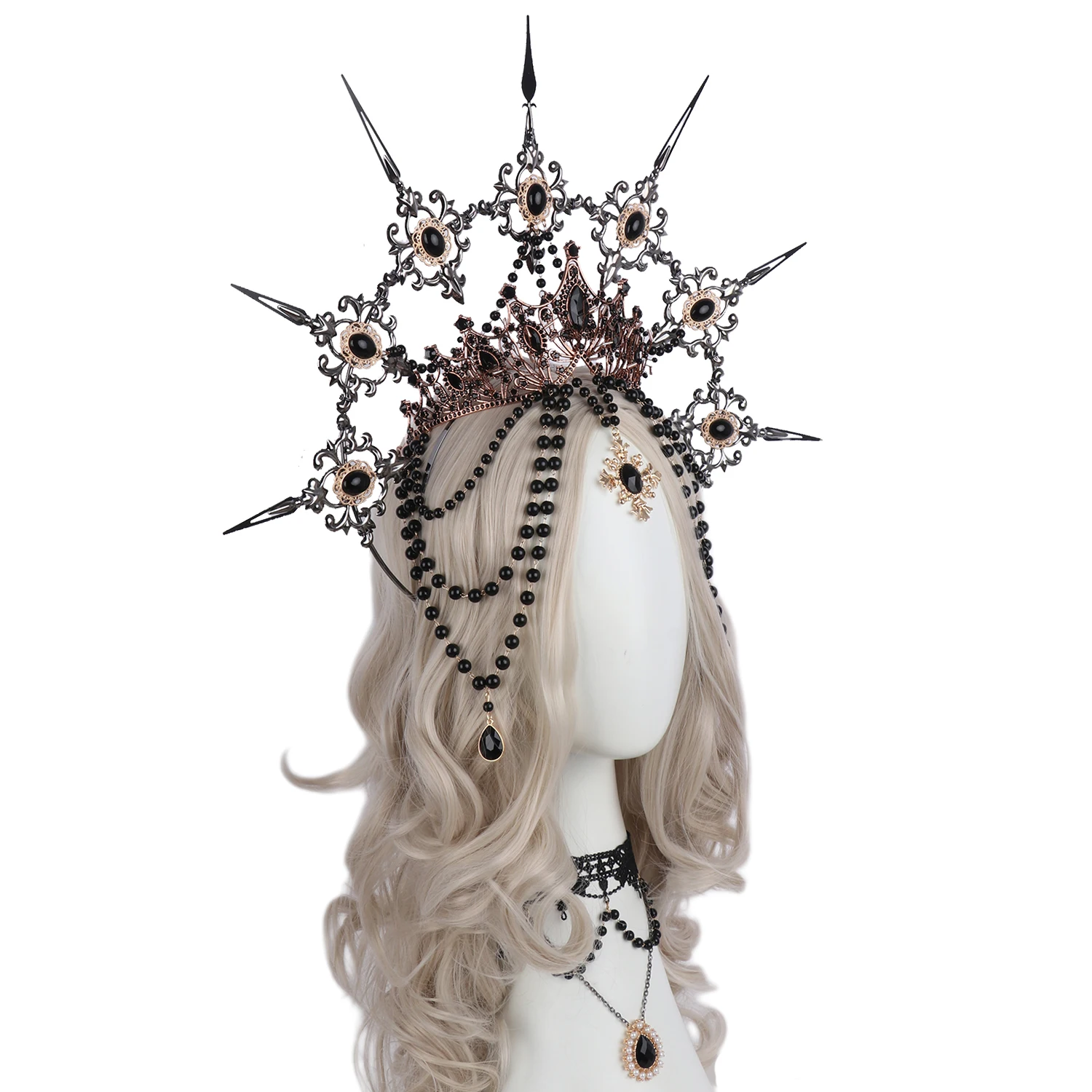 Collar de corona de Halo KC con pinchos negros, tocado para mujer y niña, diadema gótica de diosa, cadena de cuentas barrocas de la Virgen María, accesorios para el cabello