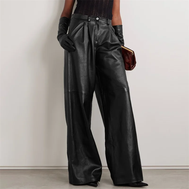 Women's pants 2024 Winter New in Artificial Leather Women's Wide Leg Pants High waisted slim fit straight leg pants y2k Trousers