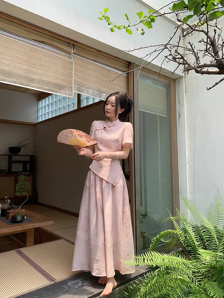 

Новая улучшенная версия юбки-солнце Ajin в китайском стиле, розовая, с завышенной талией, для женщин, для повседневной носки, с принтом, А-силуэт