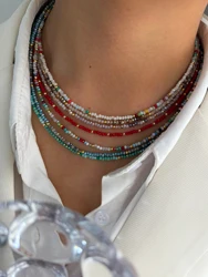 Peri'sbox Bohemian Style Multi-color Acrylic Rice Beaded Choker Necklace for Women Clavicle Chain Handmade Jewelry Tarnish Free