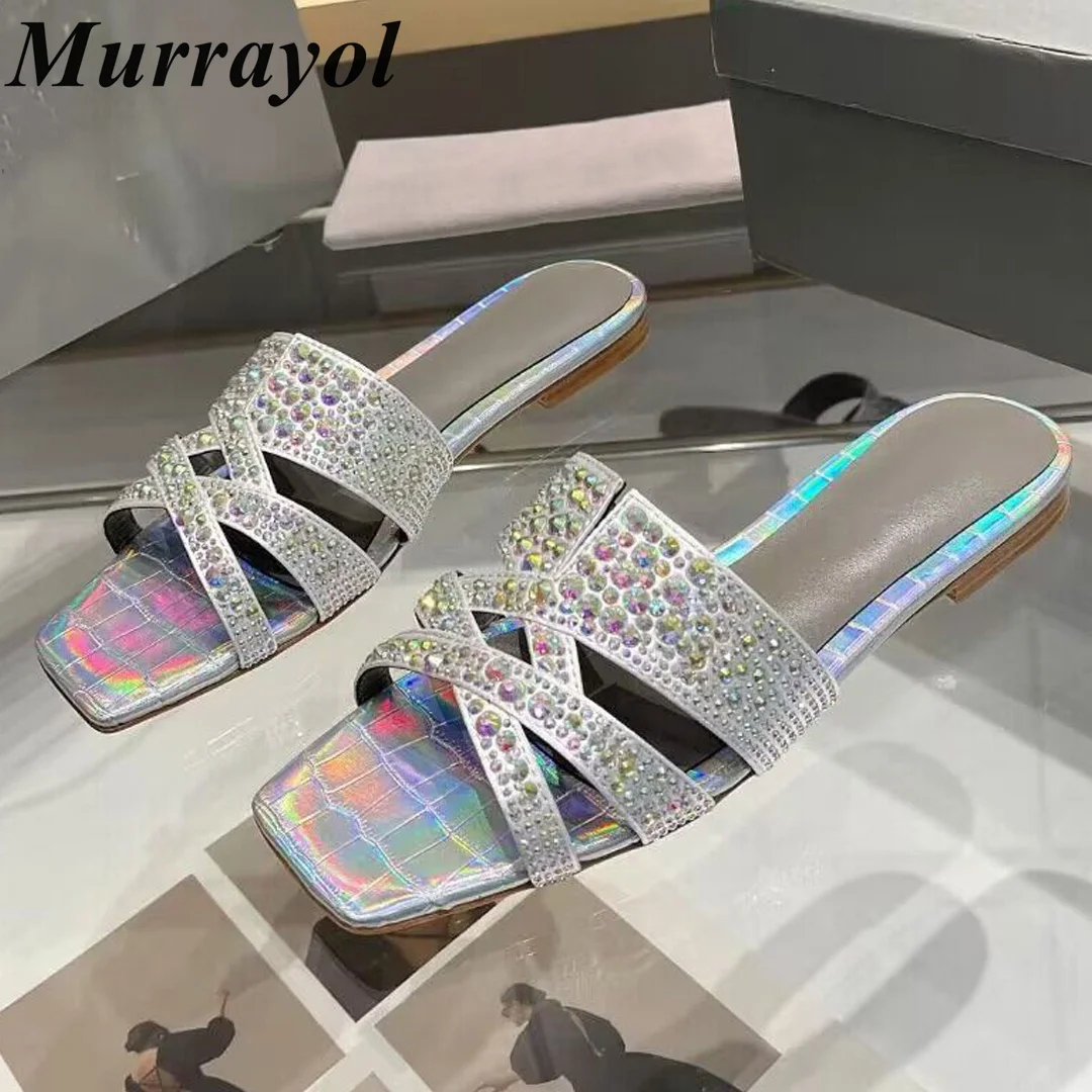 

New One Strap Weaving Design Flat Heels Slippers Women Open Toe Rhinestone Decor Sandals Summer Vacation Shoes Dress Shoes