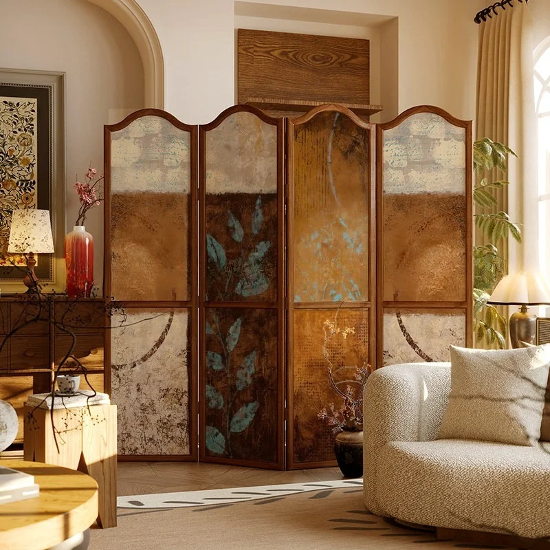 French medieval wabi-**** custom solid wood folding screen partition decoration living room entrance household movable folding s