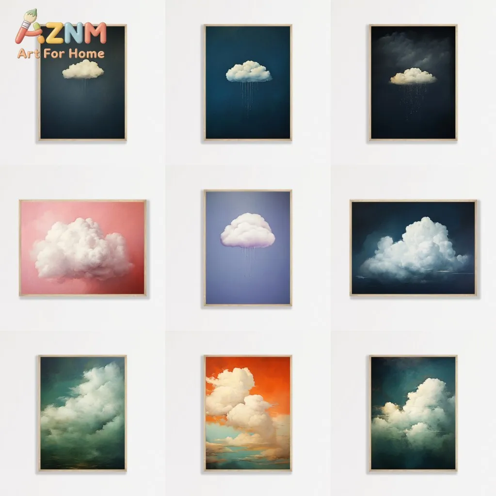 AZNM Vintage Cloud Oil Painting Canvas Wall Art Moody Sky Rain Cloud Sunset Scenery Abstract Atmospheric Landscape Minimalist Be