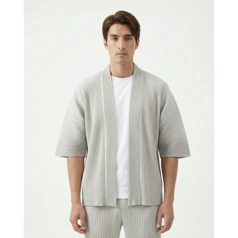 Miyake Pleated Kimono Cardigan Men Japanese Haori Jacket Open Front Loose Fit Plisse Lightweight Summer Coat Casual Outerwear