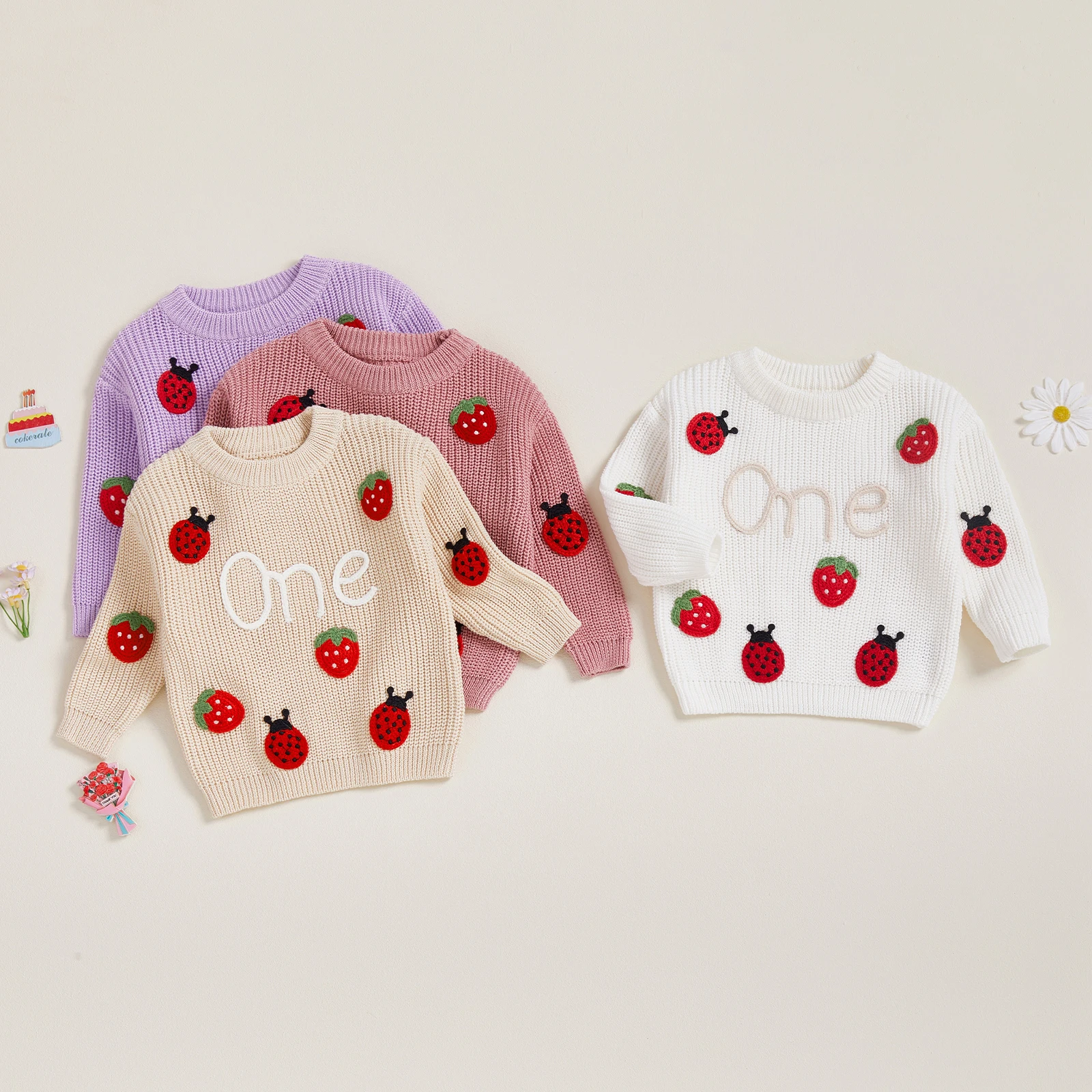 

Tregren 9-18 м вязаный свитер для маленьких девочек, милый трикотаж с вышивкой клубники и буквами, круглым вырезом и длинными рукавами, трикотажные топы на день рождения