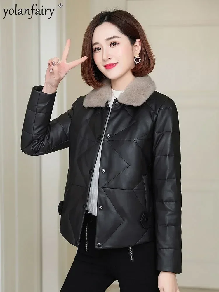 Genuine Leather Down Jacket Women's Winter Outwear Mink Fur Square Collar Pure Sheep Natural Leather Jackets Female 2023 Clothes