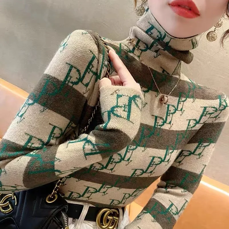 Women Y2k Letter Jacquard Sweaters Autumn Wintet Causal Slim Tops Warm Soft Comfortable Vintage Chic Elasticity Knitwear