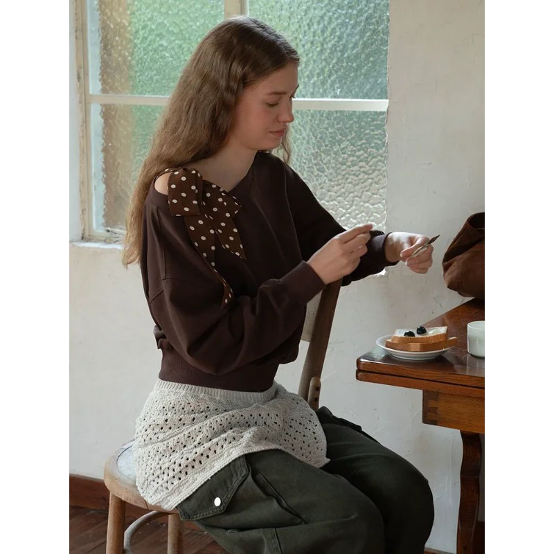 

Свободная толстовка с завязками в горошек, женская новая стильная тонкая повседневная толстовка с длинными рукавами