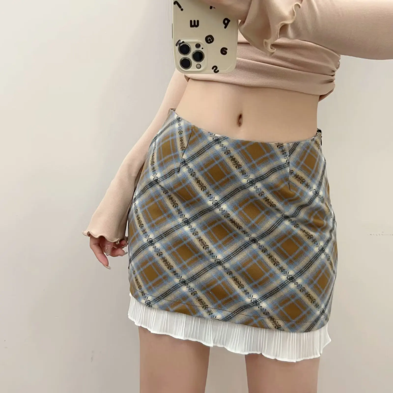 

Retro Plaid Suit ort Skirt Women's Spring Summer New Sle Wooden Ear Splice A-Line f Body Skirt Wrap around Skirt