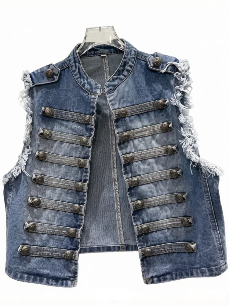 Women's Y2K Vintage Denim Vest Metal Buckle Strap Sleeveless Jacket Raw Hem Distressed Jean Waistcoat Edgy Summer Streetwear