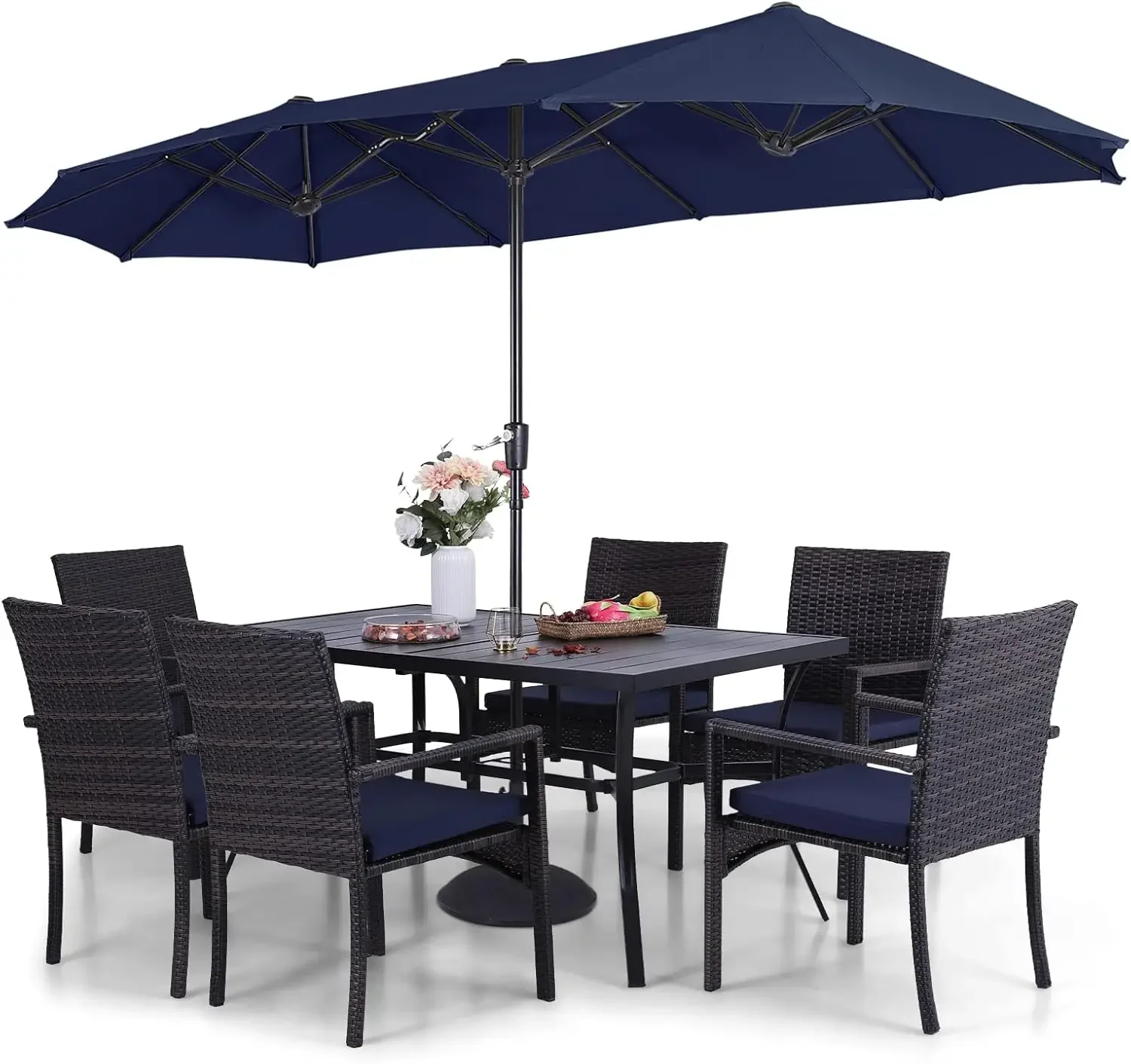 7 Pieces Patio Dining Furniture with 13 Ft Navy Double-Sided Twin Umbrella, Outdoor Rattan Chairs & Metal Table Set