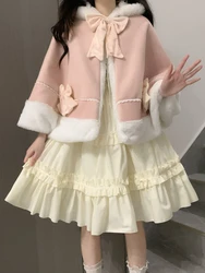 Lolita New 2024 Autumn Winter Plush Shawl Sweet Girl Womens Plush Warm Cloak Coat Cute Bow Elegant Y2k Hooded Coat Tops