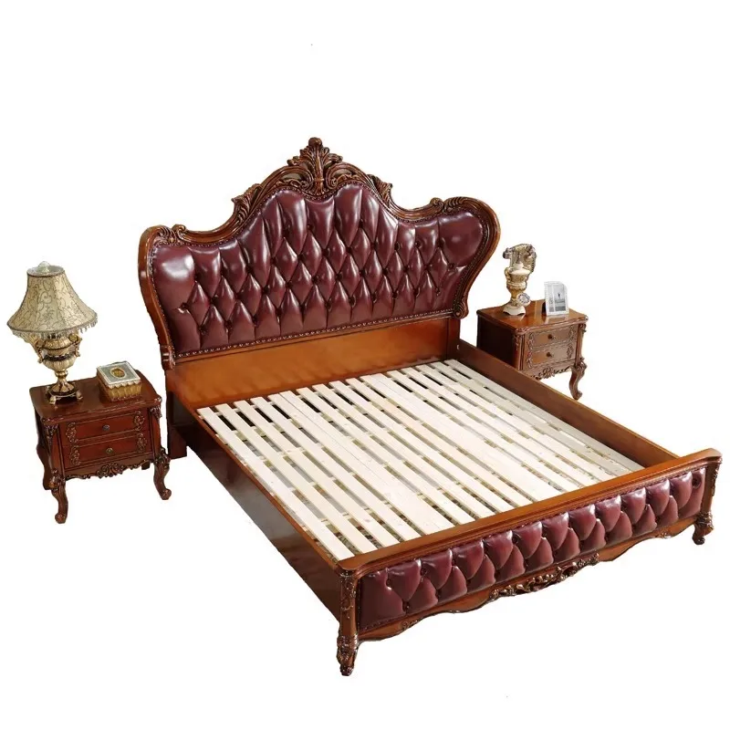 

Leather bed all solid wood, carved light luxury double master bedroom wedding bed, soft bedroom household 1.8 meters bed