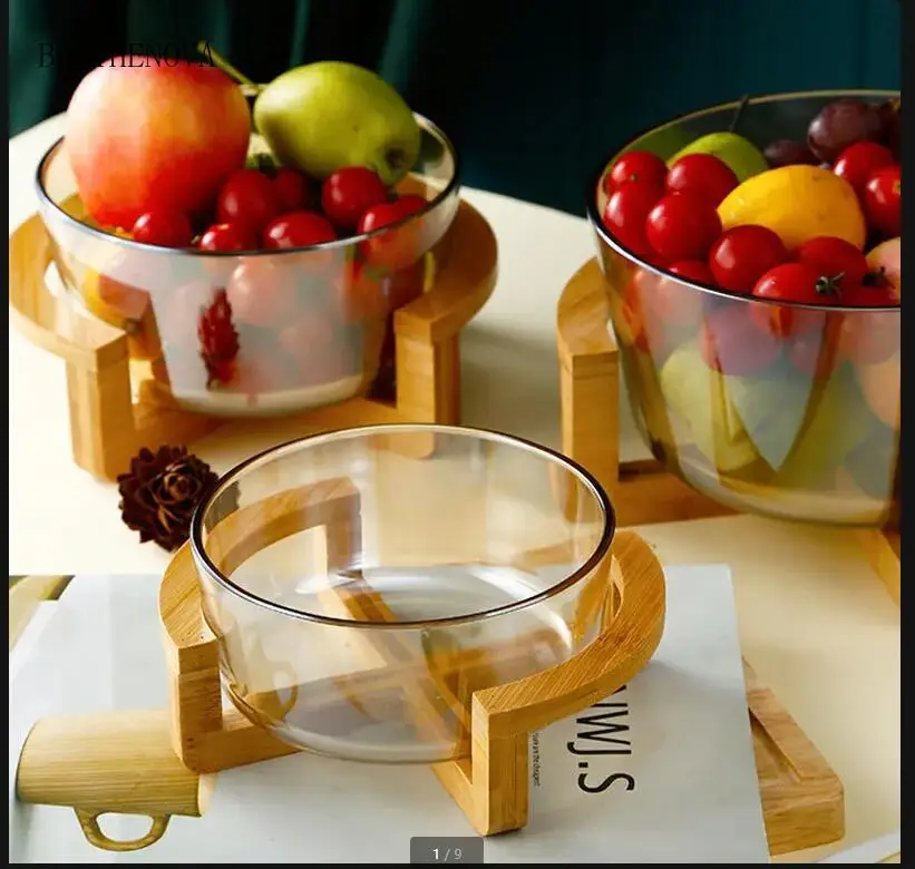 

Glass Fruit Plate with Wooden Base Frame Round Bowl Transparent Salad Cake Dessert Candy Snacks Plates
