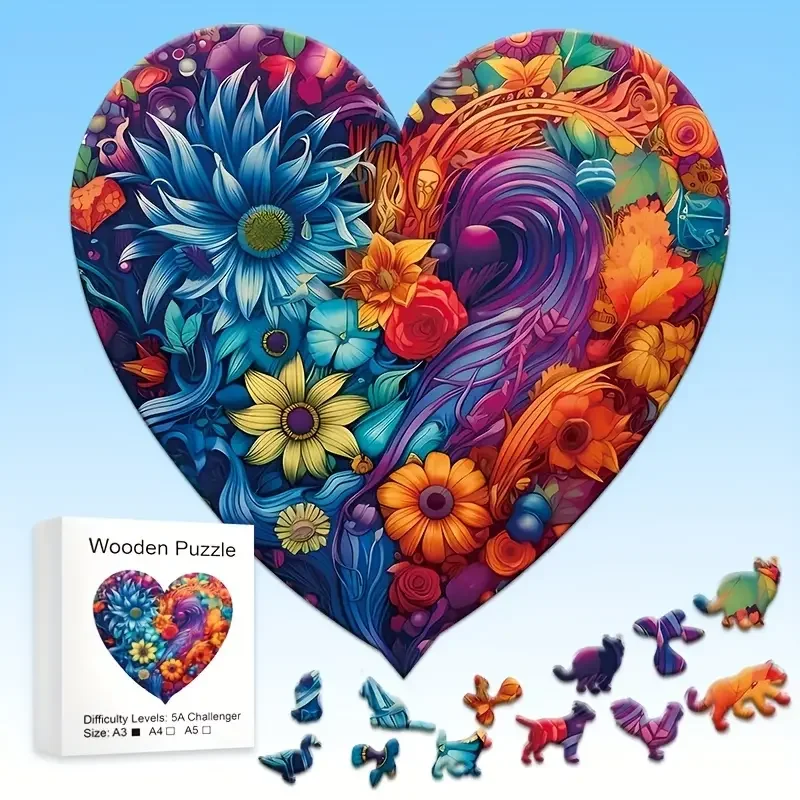 Rompecabezas de madera de flor de amor para adultos, juguete para aliviar el estrés con forma de animal irregular y único, regalo creativo, juego familiar, decoración del hogar
