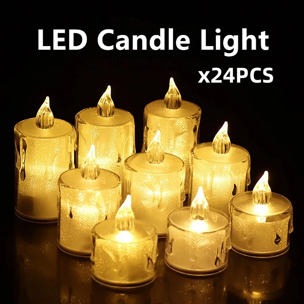 24pcs LED Electronic Candle Lights Plastic Crystal Warm White Flameless Pillars Flickering Party Wedding Christmas Decoration