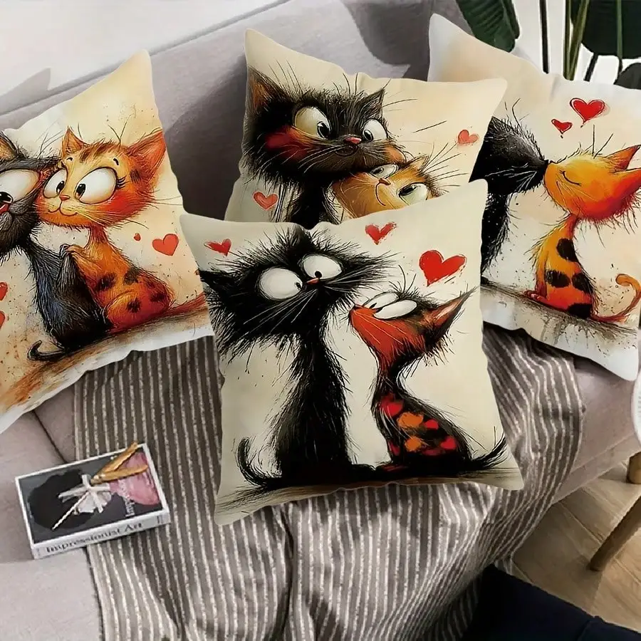 

Одна декоративная наволочка с изображением причудливого кота, размером 44,96 x 44,96 см, с односторонней печатью в стиле мультяшного кота.