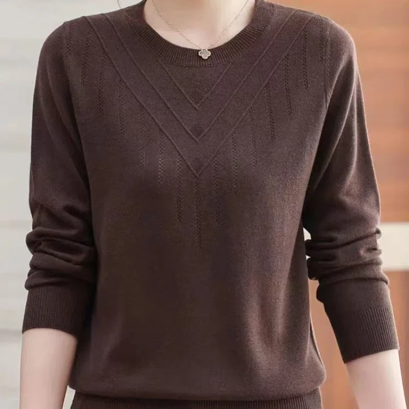 Autumn Winter Women\'s Clothing Screw Thread Solid Color Round Neck Pullover Sweater Knitted Long Sleeve Hollow Out Elegant Tops