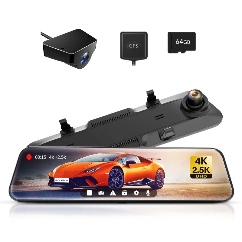 Wolfbox G900 Night Vision 12 Inch 4k Black Rearview Mirror Dual Camera Car Dash Cam With Gps