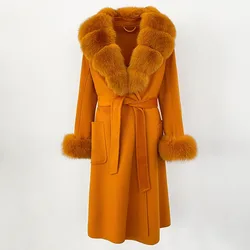 Wool Women Natural Fox Fur Collar Real Fur Coat Winter Jacket Women Belt Warm Coat Street Wear  Winter Coat Women  Fox Fur Coat