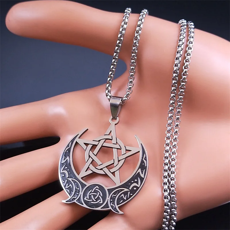 Witch Knot Pentagram Triple Moon Goddess Necklace for Women Men Stainless Steel Wicca Crescent Moon Chain Jewelry collar N9609S2