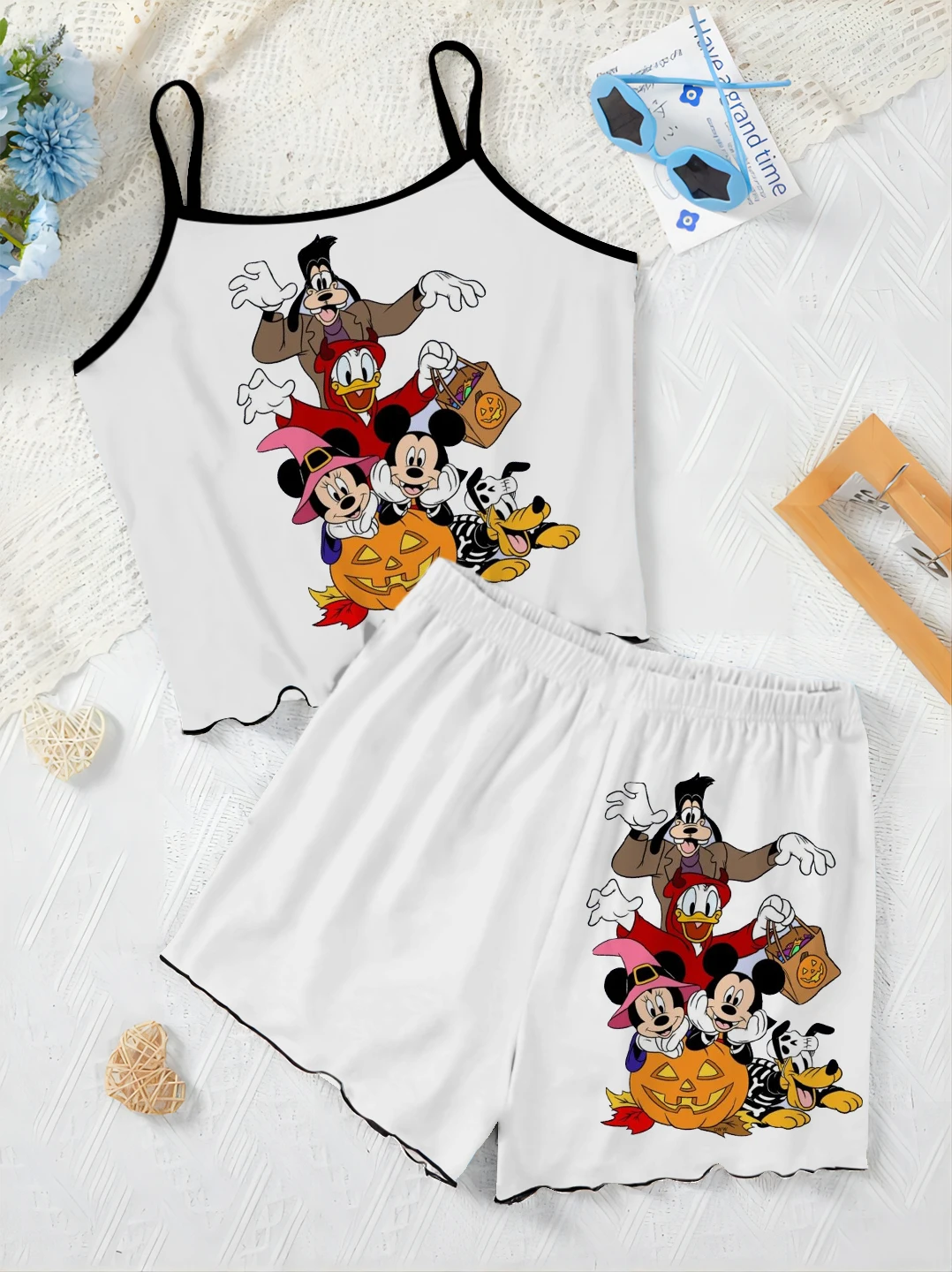 Home Dress Pajama Skirt Women\'s Suit Minnie Mouse Lettuce Trim Top T-shirt Mickey Short Sets Disney Pieces Elegant Disney Mickey