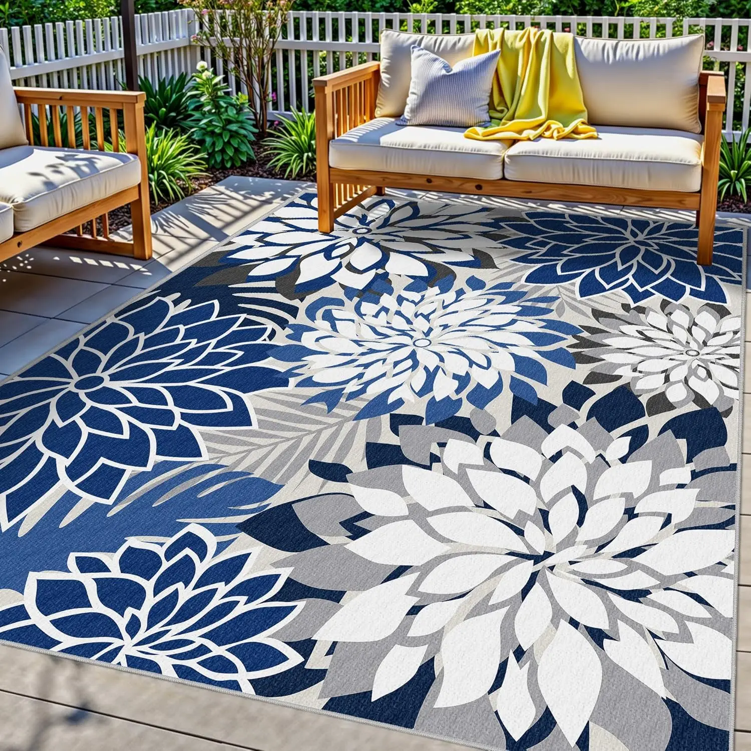 

5x8 Outdoor Area Rug Washable Multicolored Patio Rug Tropical Botanical Floral Chenille Waterproof Outdoor Carpet for Living