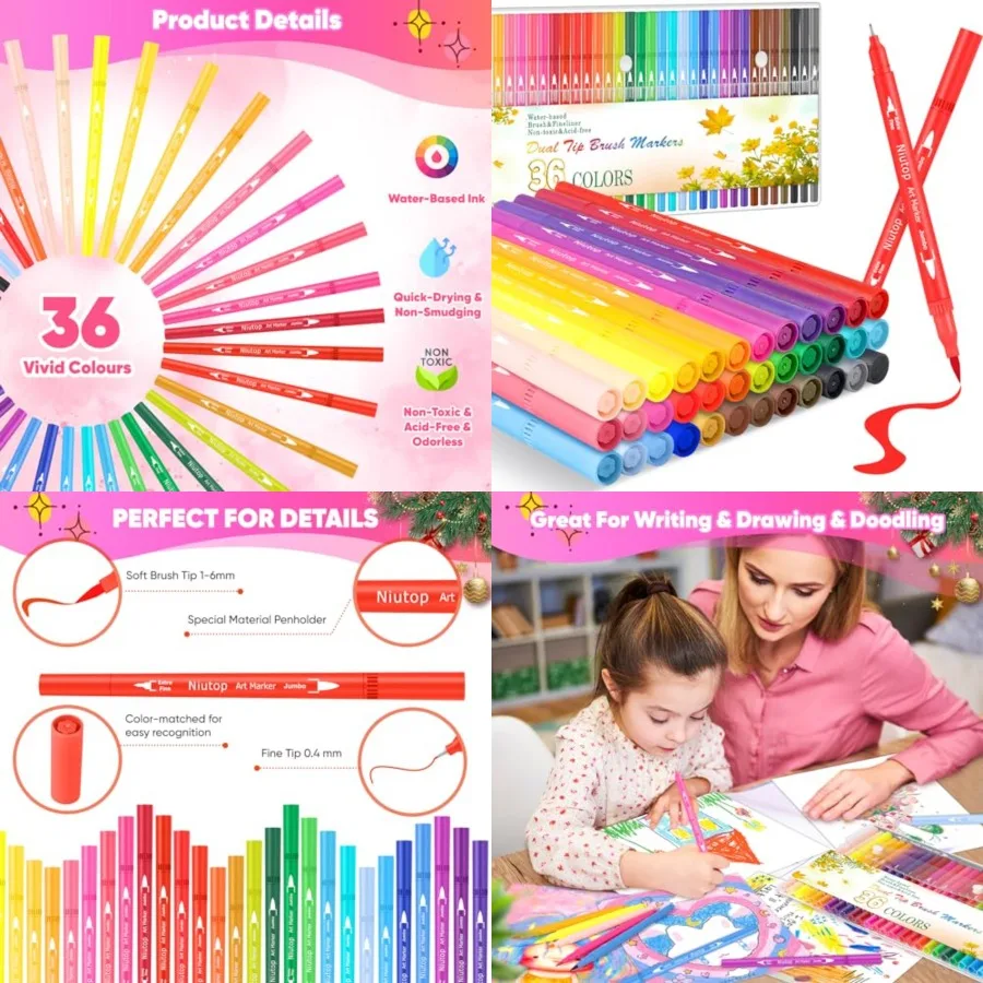 

Niutop 36 Colors Fine Brush Tip Dual Tip Coloring Marker Pens for Adult Coloring Books Doodle Art Calligraphy Journaling Creati