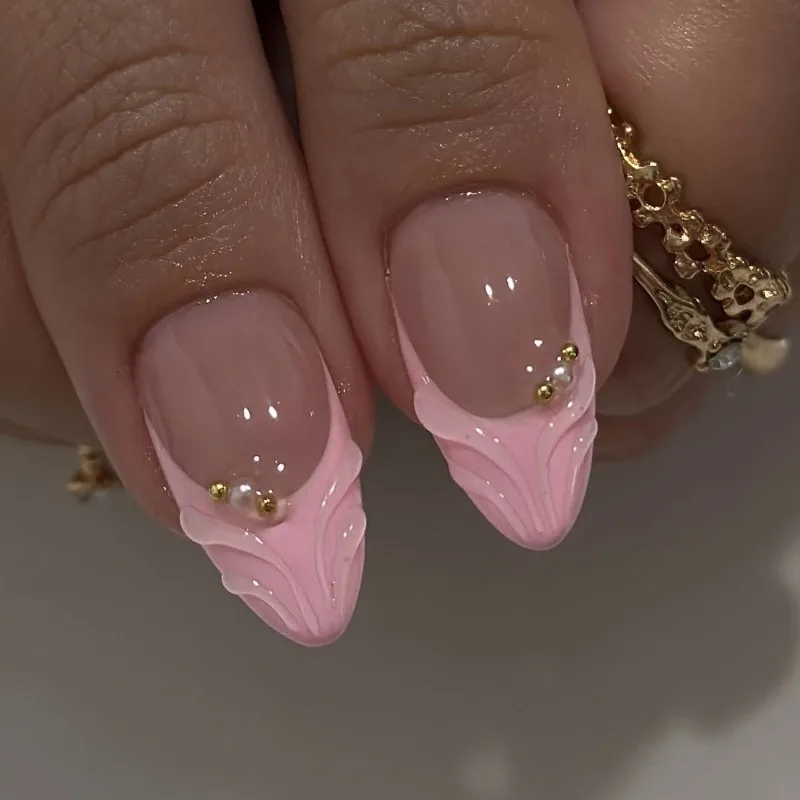24 piezas de uñas postizas rosas francesas con decoración de flores 3D, en forma de almendra, acrílicas, artificiales, reutilizables, para uñas 3