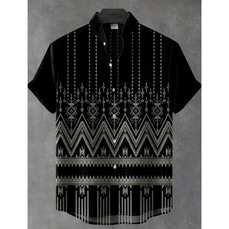 

Trendy men's lapel button shirt casual short sleeves/tops hip-hop ethnic style