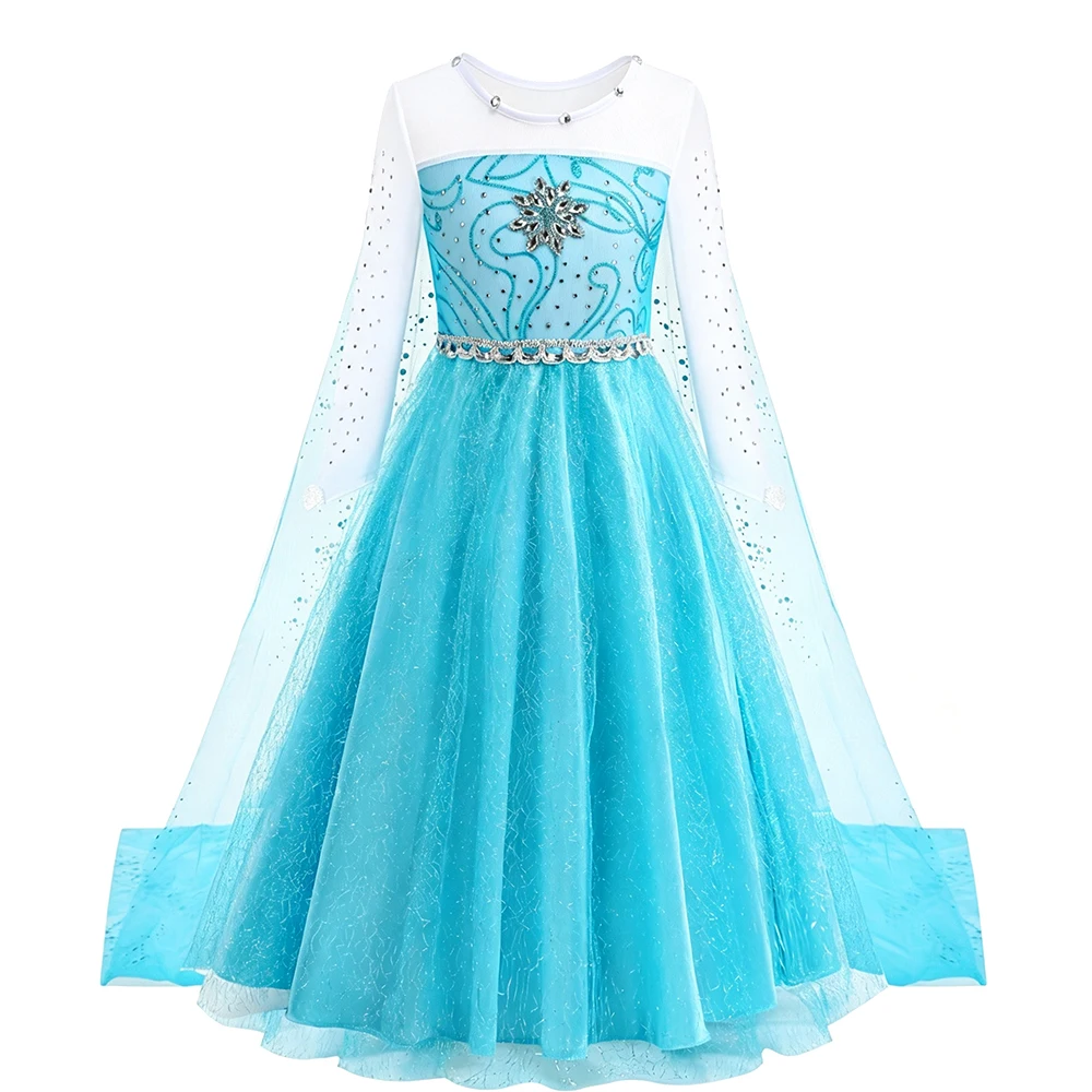 Blue Girls Princess Dress Up Costume Long Sleeve With Crown Necklace Complete Accessories Set For Halloween Birthday Party