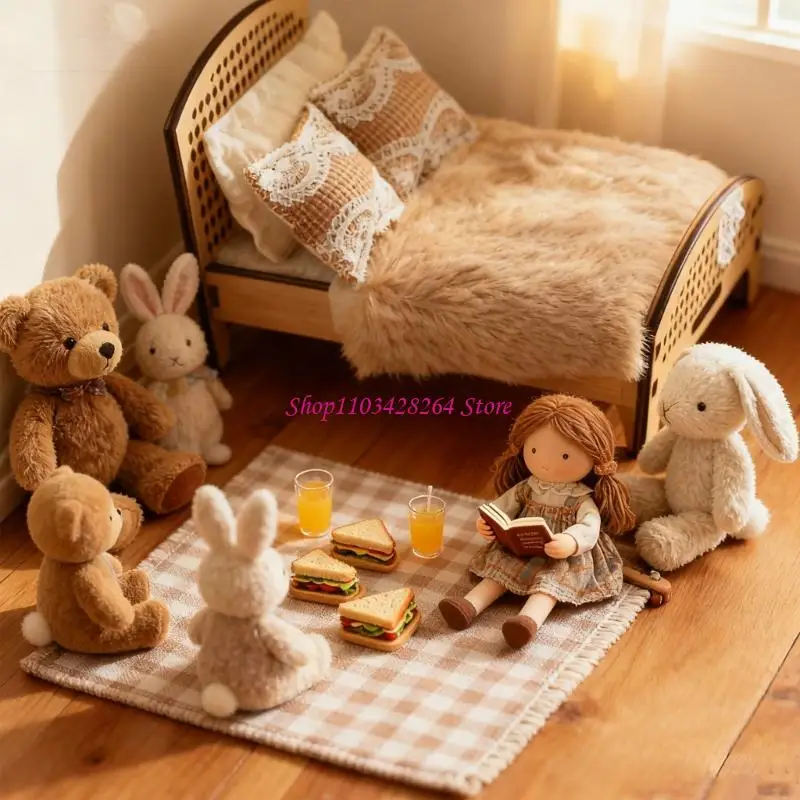  Unpainted Wooden Double Bed with Bedding Doll House Bedroom Furniture for Children Creative Play and Learning Activity