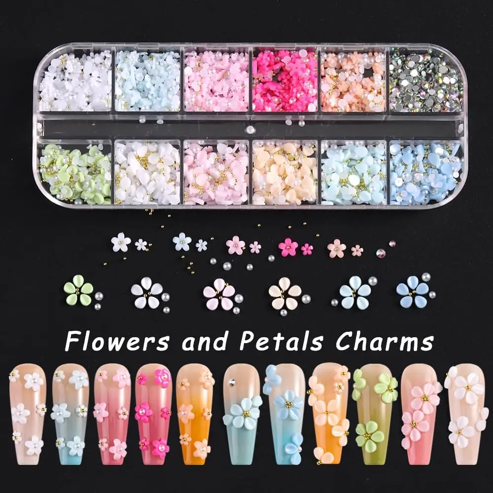 12Grids 3D French Acrylic Petal Nail Art Decorations Mixed Half Pearls Golden Beads AB Gems Nail Rhinestones Macaron Nail Charms