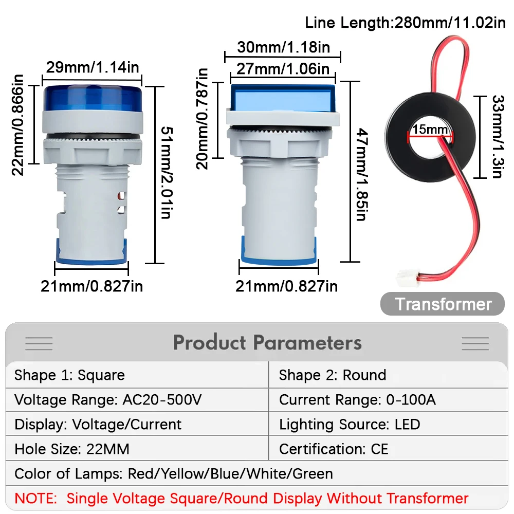 Woltomierz Amperomierz Cyfrowy LED 22MM AC 20-500V 0-100A Światła Sygnalizacyjne Miernik Napięcia i Prądu 220V Tester Detektor — zdjęcie 3