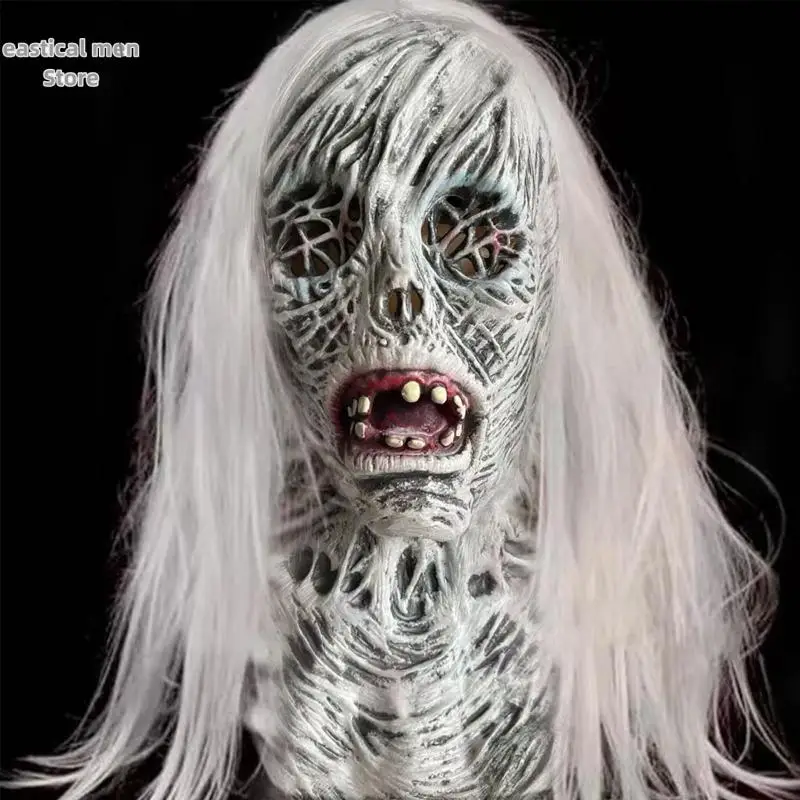 

Halloween Cosplay Mask Biochemical Zombie Film and Television Headgear, White Haired Witch Mask Facewear Scary Skeleton Prop